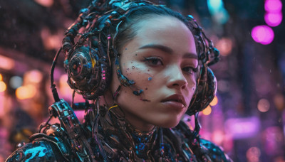 1girl, solo, looking at viewer, short hair, closed mouth, blurry, black eyes, lips, blurry background, headphones, expressionless, portrait, freckles, science fiction, realistic, nose, cable, cyberpunk