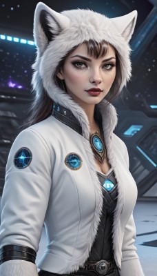 1girl,solo,long hair,breasts,looking at viewer,brown hair,black hair,long sleeves,animal ears,cleavage,brown eyes,jewelry,medium breasts,closed mouth,jacket,upper body,open clothes,belt,hood,lips,coat,grey eyes,fur trim,eyelashes,makeup,white jacket,lipstick,brooch,gem,buckle,pendant,eyeshadow,freckles,belt buckle,animal hood,realistic,nose,white coat,winter clothes,red lips,parka,bangs,shirt,small breasts,hood up,emblem,badge