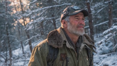 solo,open mouth,shirt,1boy,hat,jacket,upper body,weapon,white hair,grey hair,male focus,outdoors,teeth,blurry,uniform,tree,coat,gun,fur trim,military,military uniform,blurry background,facial hair,goggles,nature,beard,snow,forest,snowing,green jacket,realistic,winter clothes,holster,manly,old,winter,old man,closed mouth,open clothes,day,vest,lips,depth of field,sunlight,looking up,baseball cap,zipper,fur collar,pocket,brown jacket,nose,mustache,fur-trimmed jacket,breast pocket,looking afar,brown coat,bare tree