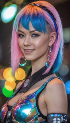 1girl,solo,breasts,looking at viewer,smile,short hair,bangs,cleavage,bare shoulders,jewelry,medium breasts,blue hair,upper body,pink hair,multicolored hair,hairband,earrings,parted lips,teeth,sleeveless,elbow gloves,medium hair,grin,blurry,black eyes,two-tone hair,lips,grey eyes,eyelashes,gradient hair,makeup,detached collar,depth of field,blurry background,watermark,gem,eyeshadow,realistic,nose,bokeh,mascara,blue eyes,gloves,swimsuit,bikini,signature,from side,looking to the side,multicolored clothes,zipper,rainbow hair