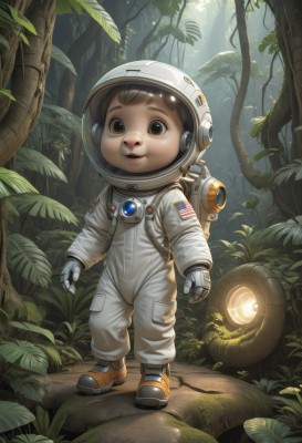 1girl,solo,looking at viewer,smile,open mouth,brown hair,1boy,brown eyes,standing,full body,male focus,outdoors,bag,tree,leaf,sunlight,backpack,helmet,plant,child,nature,forest,science fiction,realistic,american flag,spacesuit,space helmet,astronaut,male child