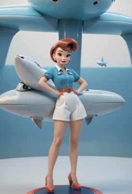 1girl,solo,breasts,looking at viewer,smile,short hair,blue eyes,skirt,brown hair,shirt,jewelry,standing,full body,earrings,shoes,shorts,belt,uniform,high heels,lips,see-through,military,makeup,white skirt,blue shirt,lipstick,red footwear,hands on hips,aircraft,red lips,airplane,pompadour,jet,fighter jet,open mouth,bangs,short sleeves,parted lips,teeth,collared shirt,black eyes,buttons,shadow,freckles,nose,shirt tucked in,red belt,thick lips