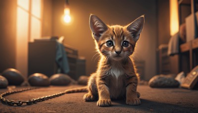 solo,looking at viewer,closed mouth,full body,indoors,blurry,no humans,window,depth of field,blurry background,chain,animal,sunlight,cat,realistic,animal focus,whiskers,sitting,signature,box,coin