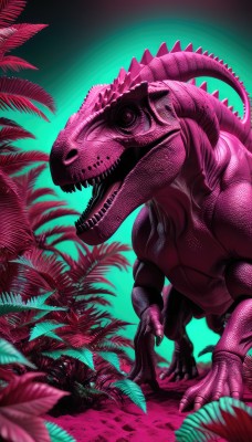 solo,open mouth,tail,teeth,tongue,blurry,tree,no humans,leaf,plant,sharp teeth,claws,green background,monster,palm tree,aqua background,alien,dinosaur,palm leaf,standing,pink eyes,scales,pink skin