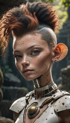 1girl,solo,breasts,looking at viewer,short hair,blue eyes,brown hair,jewelry,closed mouth,upper body,multicolored hair,earrings,small breasts,dark skin,hair bun,blurry,dark-skinned female,lips,grey eyes,double bun,bodysuit,blurry background,bird,piercing,portrait,freckles,science fiction,realistic,nose,cyborg,orange hair,eyelashes,close-up,curly hair,asymmetrical hair,android,undercut