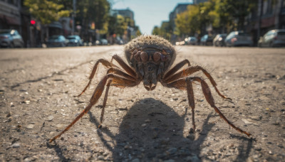 hat, outdoors, sky, day, blurry, tree, no humans, depth of field, blurry background, shadow, animal, bug, ground vehicle, motor vehicle, realistic, straw hat, car, road, street, oversized animal