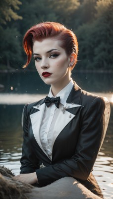 1girl,solo,looking at viewer,short hair,brown hair,shirt,long sleeves,bow,jewelry,sitting,jacket,white shirt,upper body,red hair,earrings,outdoors,parted lips,collared shirt,artist name,bowtie,mole,blurry,black eyes,tree,lips,black jacket,mole under eye,dress shirt,black bow,makeup,buttons,depth of field,blurry background,piercing,formal,suit,lipstick,ear piercing,freckles,black bowtie,realistic,red lips,stud earrings,traditional bowtie,suit jacket,tuxedo,water,instrument,mole on cheek