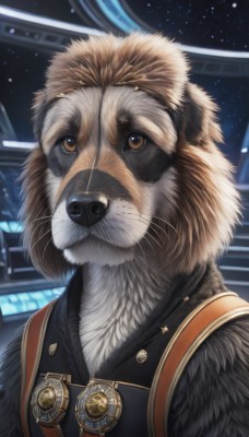 solo,looking at viewer,brown eyes,upper body,signature,no humans,animal,star (sky),realistic,space,animal focus,whiskers,clothed animal,closed mouth,sky,uniform,science fiction,dog,badge,medal