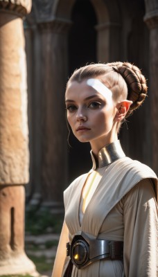 1girl,solo,looking at viewer,short hair,brown hair,dress,closed mouth,upper body,belt,hair bun,white dress,blurry,black eyes,lips,grey eyes,blurry background,single hair bun,forehead,realistic,nose,pillar,column,blue eyes,parted lips,pointy ears,piercing,sunlight,science fiction