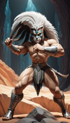 solo,long hair,brown hair,1boy,navel,standing,full body,male focus,thighs,outdoors,teeth,pointy ears,mask,muscular,thick thighs,abs,sandals,feathers,pectorals,muscular male,bara,topless male,bracer,manly,loincloth,biceps,jewelry,white hair,earrings,barefoot,dark skin,rock