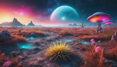 flower,outdoors,sky,water,tree,no humans,night,moon,grass,star (sky),nature,night sky,scenery,starry sky,rock,mountain,fantasy,mushroom,landscape,cloud,full moon,sunset,sun,field,planet