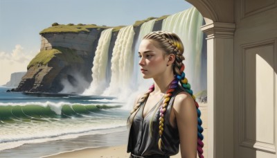 1girl,solo,long hair,breasts,blue eyes,blonde hair,cleavage,bare shoulders,closed mouth,blue hair,collarbone,upper body,braid,multicolored hair,small breasts,outdoors,sky,sleeveless,day,water,vest,twin braids,two-tone hair,lips,gradient hair,looking away,beach,scenery,mountain,realistic,nose,sand,pillar,waterfall,cliff,column,multiple braids,brown hair,jewelry,necklace,ocean