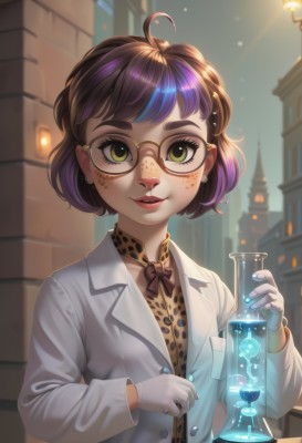 1girl,solo,looking at viewer,smile,short hair,bangs,brown hair,gloves,long sleeves,bow,holding,jewelry,green eyes,upper body,purple hair,ahoge,multicolored hair,earrings,outdoors,parted lips,glasses,artist name,white gloves,bowtie,two-tone hair,cup,lips,coat,makeup,watermark,thick eyebrows,animal print,building,drinking glass,freckles,round eyewear,labcoat,glass,brown bow,brown-framed eyewear,shirt,jacket,yellow eyes,necktie,collared shirt,eyelashes,formal,white jacket,print bow,leopard print,brown bowtie