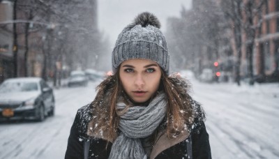 1girl,solo,long hair,looking at viewer,brown hair,hat,brown eyes,jacket,upper body,outdoors,parted lips,signature,scarf,blurry,tree,lips,coat,depth of field,blurry background,ground vehicle,motor vehicle,snow,snowing,realistic,nose,beanie,white scarf,winter clothes,car,road,winter,street,winter coat,blue eyes,day,grey eyes