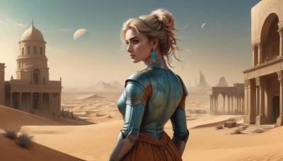 1girl,solo,breasts,short hair,skirt,blonde hair,dress,brown eyes,jewelry,medium breasts,earrings,outdoors,sky,day,looking back,hair bun,from behind,armor,lips,profile,looking away,moon,single hair bun,wind,nose,sand,looking afar,castle,desert,looking at viewer,blue eyes,upper body,parted lips,cloud,blue sky,looking to the side,shoulder armor,scenery,realistic,planet