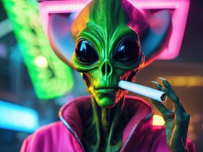 solo,looking at viewer,blue eyes,gloves,1boy,holding,jacket,upper body,male focus,teeth,hand up,blurry,mask,blurry background,colored skin,portrait,smoke,cigarette,realistic,smoking,pink jacket,green skin,neon lights,depth of field,red jacket,alien