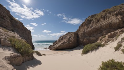 outdoors,sky,day,cloud,water,tree,blue sky,no humans,ocean,beach,sunlight,grass,nature,scenery,rock,mountain,sand,sun,horizon,shore,cliff,cloudy sky,waves,landscape