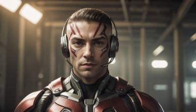 solo,looking at viewer,short hair,brown hair,1boy,brown eyes,closed mouth,upper body,male focus,indoors,armor,blurry,lips,bodysuit,blurry background,facial hair,portrait,headset,science fiction,realistic,pilot suit,black hair,black eyes,scar,expressionless,scar on face,backlighting,serious,nose,light,earpiece,ceiling light