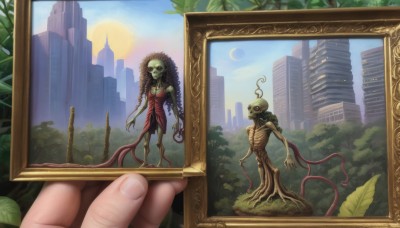 1girl,looking at viewer,red eyes,dress,holding,outdoors,sky,day,tree,fingernails,colored skin,pov,leaf,moon,plant,monster girl,building,tentacles,1other,monster,city,sun,pov hands,green skin,vines,crescent moon,skyscraper,alien,horror (theme),eldritch abomination,no humans,scenery,cityscape,ruins,skyline