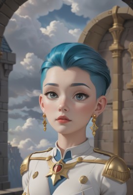 1girl,solo,looking at viewer,short hair,blue eyes,jewelry,closed mouth,blue hair,jacket,upper body,earrings,outdoors,sky,day,artist name,cloud,uniform,blue sky,lips,grey eyes,military,eyelashes,military uniform,makeup,watermark,cloudy sky,lipstick,portrait,freckles,epaulettes,nose,red lips,mascara,white jacket,brooch,gem,asymmetrical hair