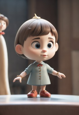 1girl,solo,short hair,bangs,blue eyes,brown hair,1boy,dress,bow,jewelry,standing,full body,shoes,indoors,blurry,red bow,bracelet,lips,depth of field,blurry background,crown,red footwear,child,female child,male child,hair ornament,male focus,freckles