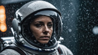 solo,looking at viewer,black hair,1boy,closed mouth,upper body,male focus,signature,dark skin,blurry,black eyes,lips,blurry background,helmet,snow,science fiction,snowing,realistic,spacesuit,astronaut,blue eyes,portrait,reflection,space