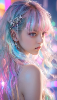 1girl,solo,long hair,looking at viewer,bangs,hair ornament,bare shoulders,brown eyes,jewelry,closed mouth,blue hair,upper body,pink hair,multicolored hair,earrings,blurry,from side,lips,eyelashes,gradient hair,makeup,blurry background,piercing,ear piercing,realistic,nose,breasts,blue eyes,wavy hair,mascara,snowflake hair ornament