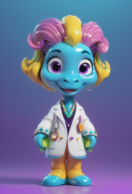 1girl,solo,looking at viewer,smile,open mouth,blonde hair,simple background,1boy,jewelry,standing,purple eyes,full body,pink hair,purple hair,male focus,multicolored hair,necklace,gradient,gradient background,gradient hair,colored skin,blue background,blue skin,labcoat,stethoscope,doctor,short hair,shirt,long sleeves,jacket,boots,green hair,teeth,shiny,pants,artist name,shiny hair,flat chest,two-tone hair,coat,eyelashes,makeup,buttons,watermark,happy,blue shirt,child,furry,eyeshadow,purple background,curly hair,hands on hips,asymmetrical hair,purple shirt,white coat,female child,straight-on,pearl necklace,buck teeth