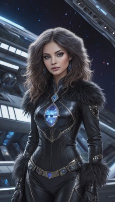 1girl,solo,long hair,breasts,looking at viewer,brown hair,gloves,brown eyes,jewelry,medium breasts,standing,cowboy shot,earrings,black gloves,belt,lips,fur trim,bodysuit,makeup,gem,science fiction,realistic,black bodysuit,space,black hair,sky,artist name,signature,grey eyes,night,lipstick,star (sky),night sky,eyeshadow,starry sky,backlighting,nose