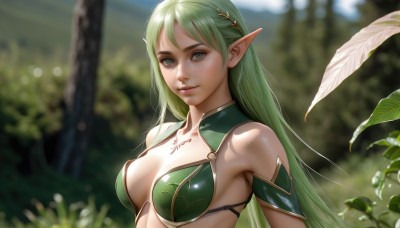 1girl,solo,long hair,breasts,smile,hair ornament,cleavage,bare shoulders,medium breasts,green eyes,swimsuit,upper body,bikini,outdoors,green hair,day,pointy ears,armor,blurry,lips,tattoo,depth of field,blurry background,leaf,feathers,elf,nature,forest,realistic,nose,bikini armor,looking at viewer,closed mouth,breasts apart,armlet,green bikini