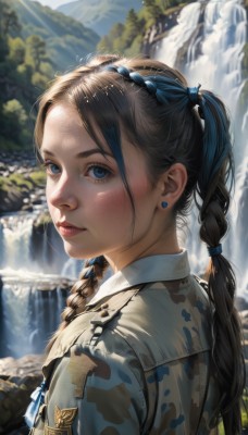 1girl,solo,long hair,looking at viewer,smile,bangs,blue eyes,brown hair,black hair,hair ornament,twintails,jewelry,closed mouth,jacket,upper body,braid,earrings,outdoors,day,looking back,water,blurry,uniform,twin braids,from side,tree,lips,military,eyelashes,military uniform,depth of field,blurry background,sunlight,nature,freckles,realistic,nose,hair tie,stud earrings,camouflage,river,waterfall,camouflage jacket,blush,blue hair,multicolored hair,forehead,mountain,dappled sunlight