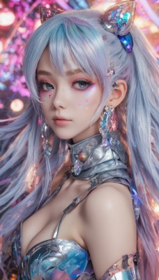 1girl,solo,long hair,breasts,looking at viewer,bangs,blue eyes,hair ornament,cleavage,bare shoulders,twintails,jewelry,medium breasts,closed mouth,upper body,white hair,earrings,blurry,from side,lips,grey eyes,eyelashes,makeup,blurry background,facial mark,piercing,gem,eyeshadow,realistic,nose,eyeliner,mascara,blue hair,collarbone,multicolored hair,artist name,armor,depth of field,expressionless,armlet,pink lips,bikini armor,bokeh