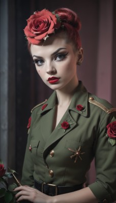 1girl,solo,looking at viewer,short hair,blue eyes,hair ornament,long sleeves,holding,jewelry,closed mouth,jacket,upper body,flower,red hair,earrings,belt,hair flower,hair bun,nail polish,mole,blurry,uniform,black eyes,lips,grey eyes,military,eyelashes,mole under eye,military uniform,makeup,buttons,rose,facial mark,single hair bun,lipstick,red flower,black nails,buckle,sleeves rolled up,eyeshadow,freckles,black belt,red rose,belt buckle,holding flower,red lips,stud earrings,eyeliner,mascara,breasts,artist name,cross,pale skin,green jacket,realistic,nose