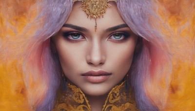 1girl,solo,looking at viewer,brown hair,black hair,jewelry,closed mouth,green eyes,earrings,lips,eyelashes,makeup,gem,portrait,veil,close-up,realistic,nose,straight-on,long hair,purple hair,multicolored hair,artist name,mole,mole under eye,orange theme