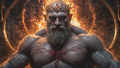 solo,looking at viewer,1boy,closed mouth,nipples,upper body,white hair,male focus,pointy ears,blood,muscular,facial hair,scar,fire,crown,pectorals,muscular male,beard,topless male,injury,mature male,realistic,mustache,manly,old,chest hair,old man,embers,short hair,thick eyebrows,bara,large pectorals