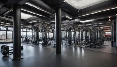 indoors,no humans,window,chair,building,scenery,reflection,stairs,railing,ceiling light,train station,reflective floor,real world location,seat,science fiction,realistic,ceiling,gym