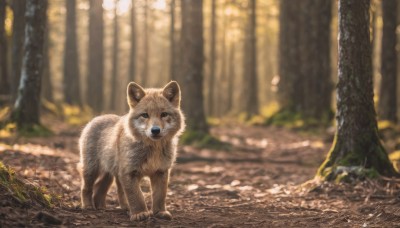 looking at viewer,outdoors,day,blurry,tree,no humans,depth of field,blurry background,animal,leaf,sunlight,grass,nature,scenery,forest,dog,realistic,animal focus,solo,signature,autumn