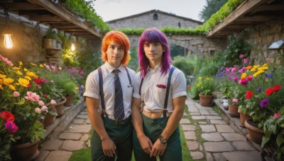 long hair,looking at viewer,smile,short hair,multiple girls,shirt,1boy,navel,2girls,brown eyes,white shirt,pink hair,purple hair,flower,short sleeves,outdoors,necktie,day,midriff,striped,collared shirt,belt,pants,orange hair,lips,holding hands,suspenders,plant,watch,realistic,wristwatch,potted plant,road,striped necktie,green pants,flower pot,garden,bangs,closed mouth,standing,red hair,parted lips,sky,medium hair,tree,black pants,red flower,blue necktie,lantern,purple flower,lamp,tied shirt,lamppost