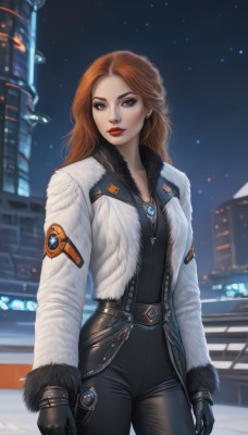 1girl,solo,long hair,breasts,looking at viewer,blue eyes,brown hair,gloves,long sleeves,brown eyes,jewelry,standing,jacket,cowboy shot,earrings,outdoors,open clothes,sky,black gloves,pants,necklace,orange hair,blurry,open jacket,lips,coat,fur trim,bodysuit,makeup,night,white jacket,lipstick,star (sky),night sky,pendant,eyeshadow,freckles,realistic,red lips,closed mouth,red hair,belt,artist name,mole,grey eyes,black pants,building,gem,snow,starry sky,snowing,city,nose,arms at sides,black bodysuit,white coat,cityscape,skyscraper,mascara