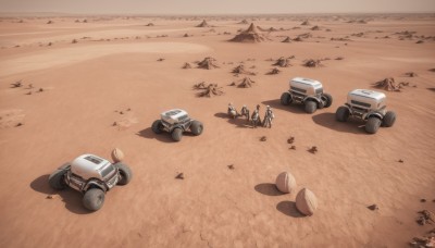 outdoors,multiple boys,military,no humans,shadow,ground vehicle,scenery,motor vehicle,rock,sand,car,road,vehicle focus,desert,dust,footprints,wheel,truck,tire