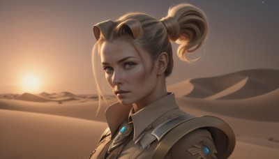 1girl,solo,looking at viewer,short hair,blue eyes,blonde hair,jewelry,upper body,ponytail,outdoors,parted lips,sky,artist name,armor,lips,grey eyes,brooch,portrait,backlighting,freckles,sunset,realistic,nose,sand,desert,brown hair,brown eyes,closed mouth,blurry,sunlight,mountain,sun