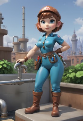 1girl,solo,breasts,looking at viewer,smile,short hair,blue eyes,brown hair,shirt,gloves,hat,medium breasts,closed mouth,standing,full body,short sleeves,boots,outdoors,sky,day,belt,cloud,water,blue sky,lips,hand on hip,brown footwear,blue shirt,building,genderswap,genderswap (mtf),brown gloves,single glove,pocket,pouch,tower,bangs,pants,bodysuit,thick eyebrows,between breasts,overalls,key,castle,yellow headwear,wrench,strap between breasts