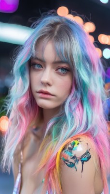 1girl,solo,long hair,breasts,looking at viewer,bangs,blue eyes,cleavage,bare shoulders,jewelry,closed mouth,blue hair,upper body,pink hair,multicolored hair,sleeveless,artist name,necklace,blurry,two-tone hair,lips,looking to the side,eyelashes,tattoo,gradient hair,makeup,depth of field,blurry background,freckles,realistic,nose,arm tattoo,mascara,medium breasts,from side,aqua eyes,watermark,wavy hair,eyeshadow,pink lips,shoulder tattoo,bokeh