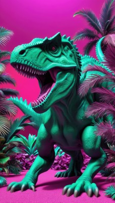 solo,looking at viewer,open mouth,simple background,red eyes,standing,tail,full body,teeth,tongue,tongue out,tree,pokemon (creature),no humans,shadow,fangs,pink background,sharp teeth,claws,monster,realistic,palm tree,green skin,dinosaur,pink eyes,colored skin,leaf,plant