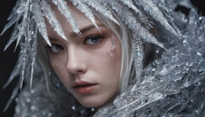 1girl,solo,looking at viewer,blue eyes,simple background,white hair,grey hair,parted lips,lips,grey eyes,eyelashes,makeup,black background,portrait,snow,freckles,ice,realistic,nose,red lips,snowflakes,short hair,bangs,hair ornament,closed mouth,water,blurry,gem,veil,close-up