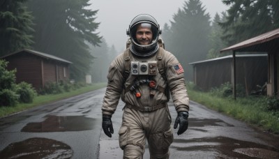 solo,looking at viewer,gloves,1boy,male focus,outdoors,black gloves,uniform,tree,military,military uniform,facial hair,helmet,building,nature,beard,forest,walking,rain,realistic,mustache,bush,house,american flag,soldier,spacesuit,japanese flag,japan,black hair,grass,flag,united states,astronaut