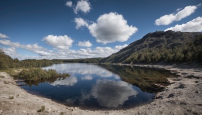 outdoors,sky,day,cloud,water,tree,blue sky,no humans,cloudy sky,grass,nature,scenery,forest,reflection,mountain,river,landscape,lake,ocean,beach,rock,sand,horizon,shore