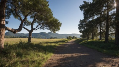 outdoors,sky,day,cloud,tree,blue sky,no humans,sunlight,grass,nature,scenery,forest,mountain,road,bush,landscape,mountainous horizon,path,hill,field