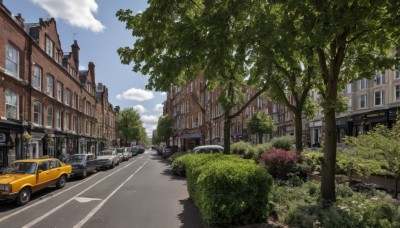 outdoors,sky,day,cloud,tree,blue sky,no humans,window,cloudy sky,plant,ground vehicle,building,scenery,motor vehicle,city,car,road,bush,house,lamppost,street,crosswalk,real world location,vehicle focus