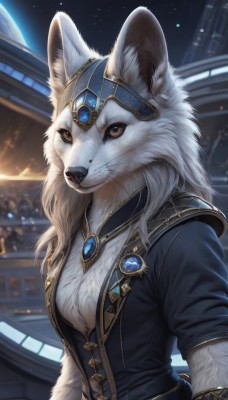 1girl,solo,long hair,breasts,looking at viewer,animal ears,brown eyes,jewelry,medium breasts,closed mouth,jacket,upper body,white hair,short sleeves,outdoors,sky,belt,artist name,signature,armor,blurry,black jacket,night,blurry background,brooch,gem,star (sky),night sky,furry,starry sky,furry female,space,body fur,white fur,planet,animal nose,whiskers,snout,blue gemstone,red gemstone,fluffy,necklace,no humans,animal,moon,realistic,animal focus